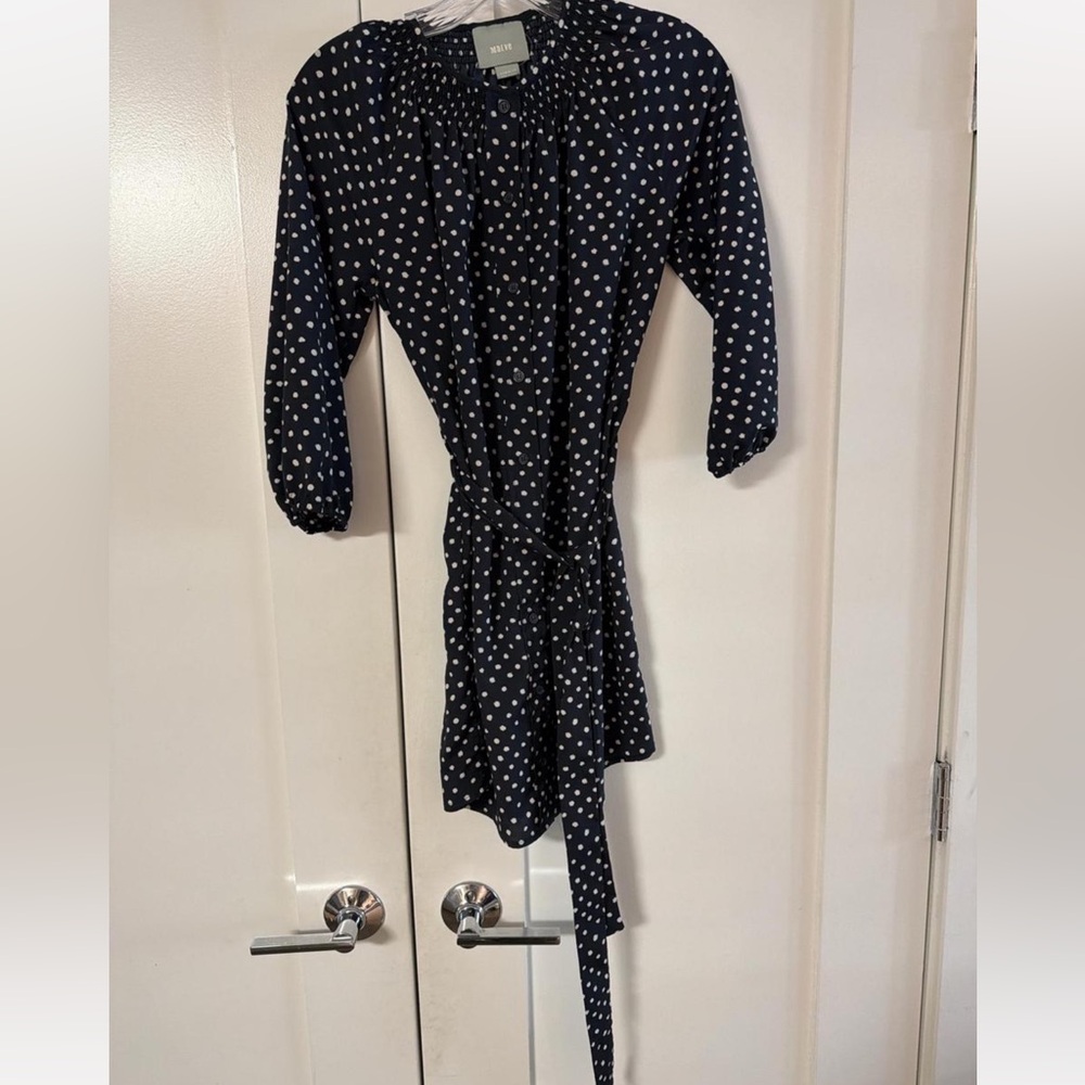 Anthropologie Navy Blue Polka Dot Belted Dress